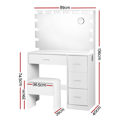 Artiss Dressing Table Set Stool 15 Led Bulbs White Darcy - Furniture > Bedroom > Dressing Vanity & Dressing Tables
