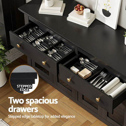 Buffet Sideboard Storage Cabinet Kitchen Cupboard Clear Door Drawer Black