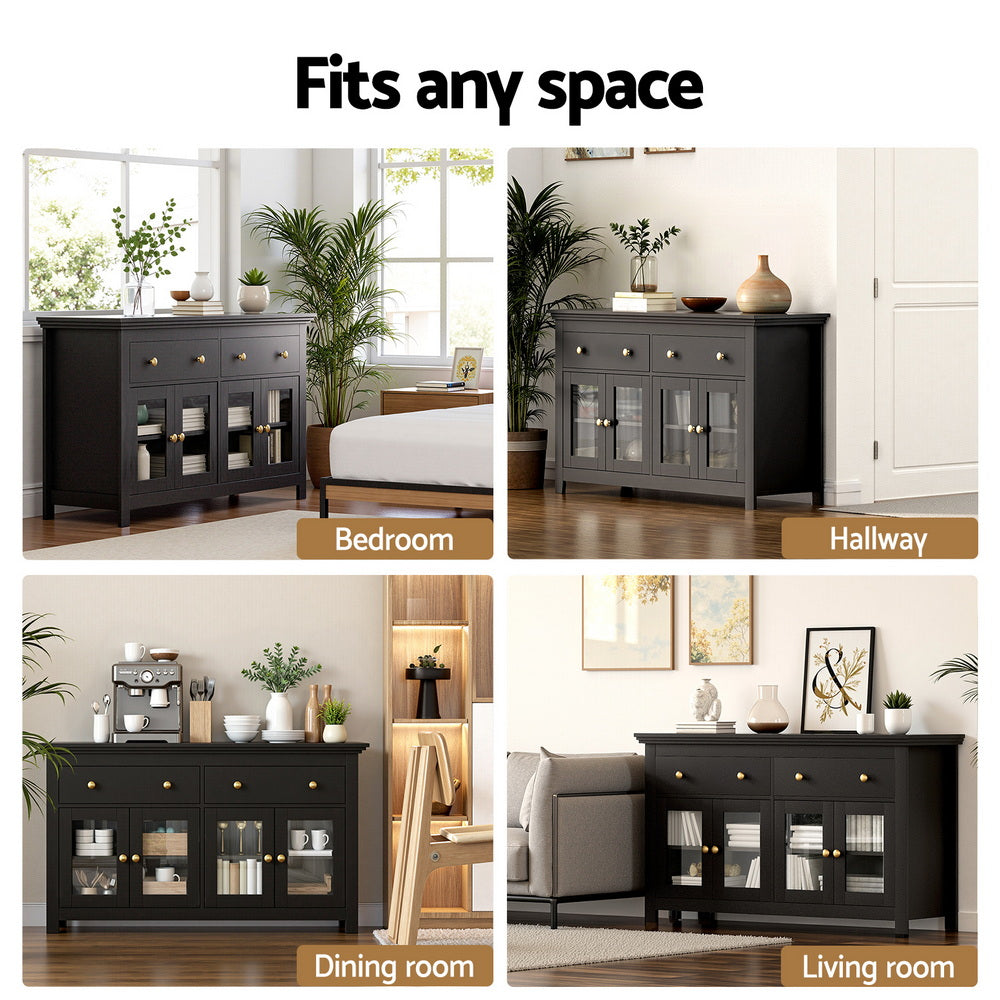 Buffet Sideboard Storage Cabinet Kitchen Cupboard Clear Door Drawer Black