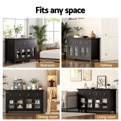 Buffet Sideboard Storage Cabinet Kitchen Cupboard Clear Door Drawer Black