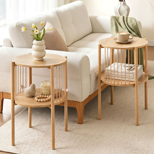 Set of 2 End Tables Coffee Table 2-Tier Round Wood