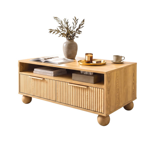 Coffee Table 90cm Center Table Fluted Drawers Open Shelf Spherical Solid Legs Wood