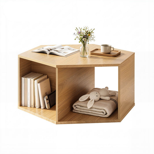 Coffee Table Hexagonal Center Table with Open Storage 2-Way Display Side Table Wood