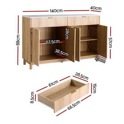 Buffet Sideboard Cabinet Kitchen Storage Cupboard Marble 2 Drawers Pine