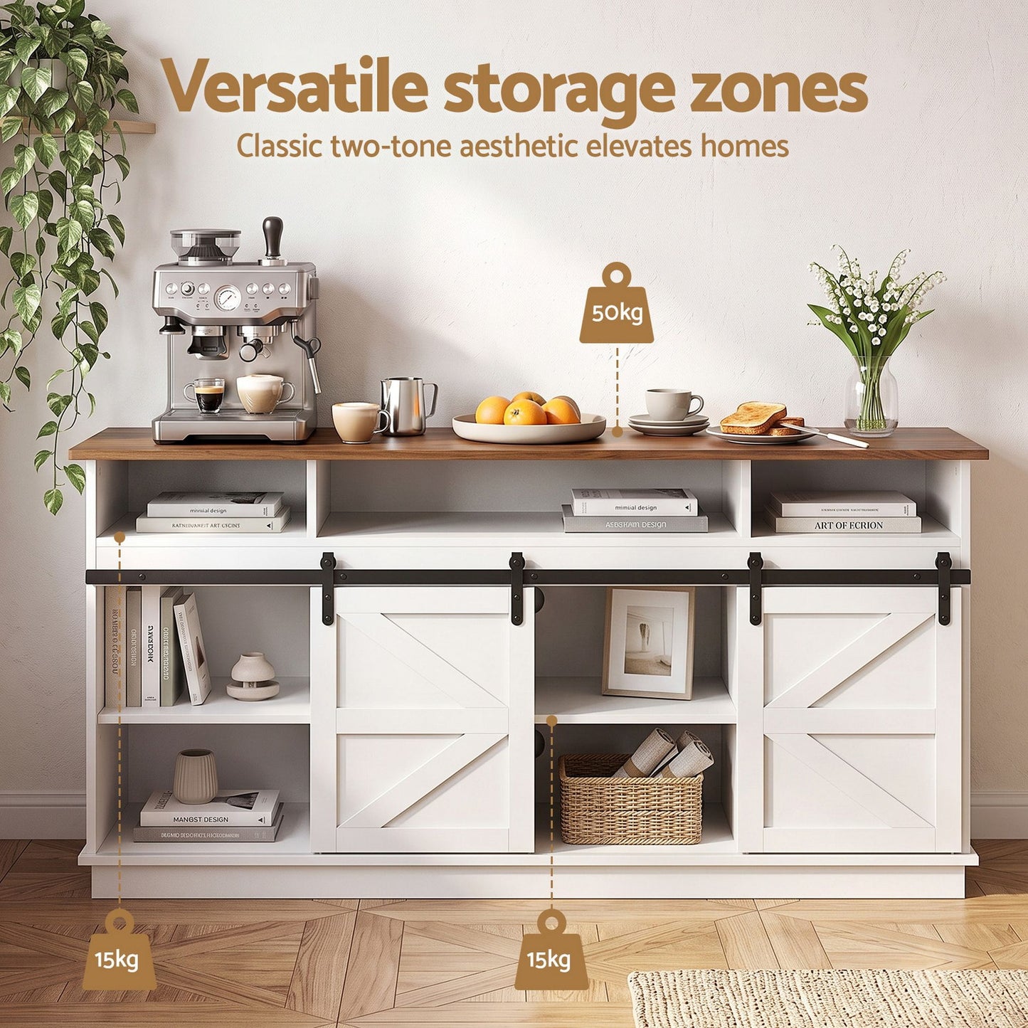 Buffet Sideboard Cabinet 150cm 3-Tier Kitchen Storage Sliding Doors White