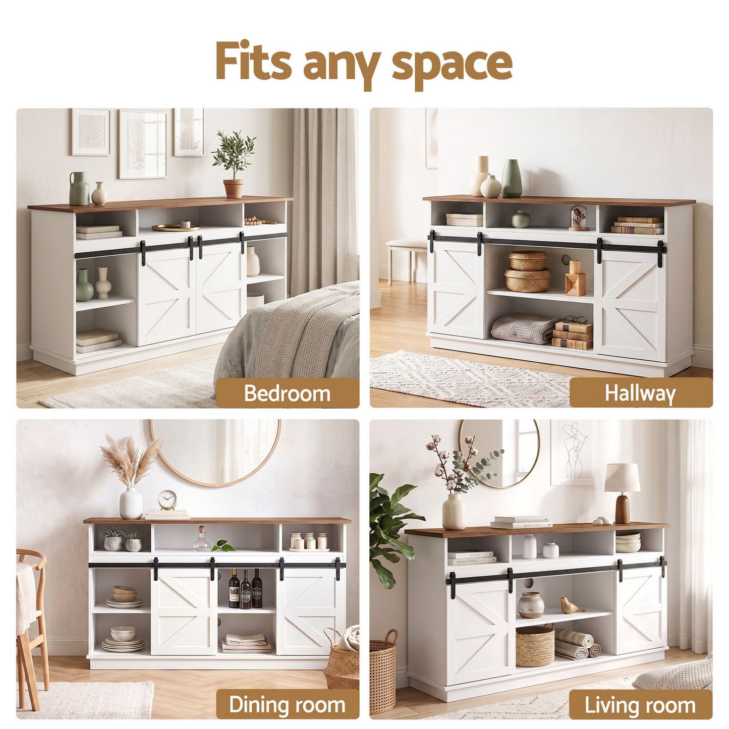 Buffet Sideboard Cabinet 150cm 3-Tier Kitchen Storage Sliding Doors White