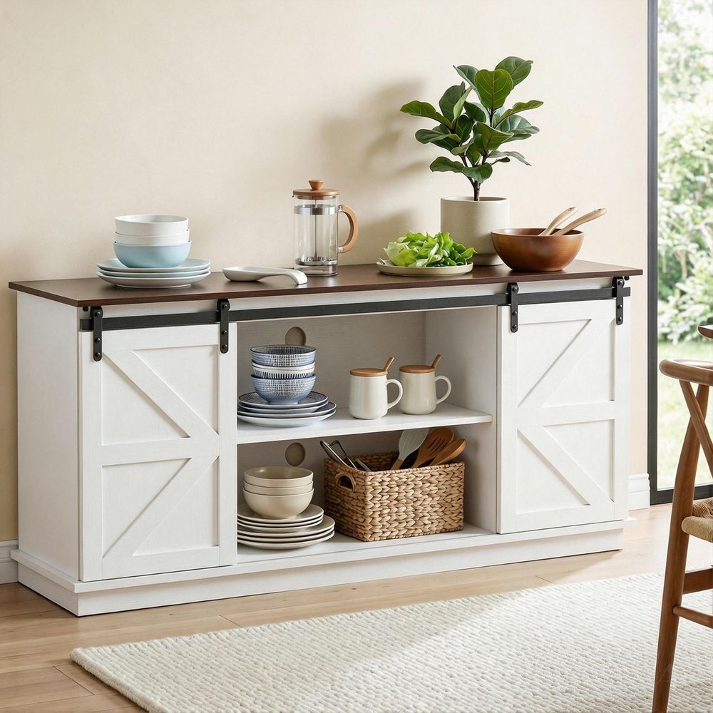 Buffet Sideboard Storage Cabinet Kitchen Cupboard Sliding Doors White