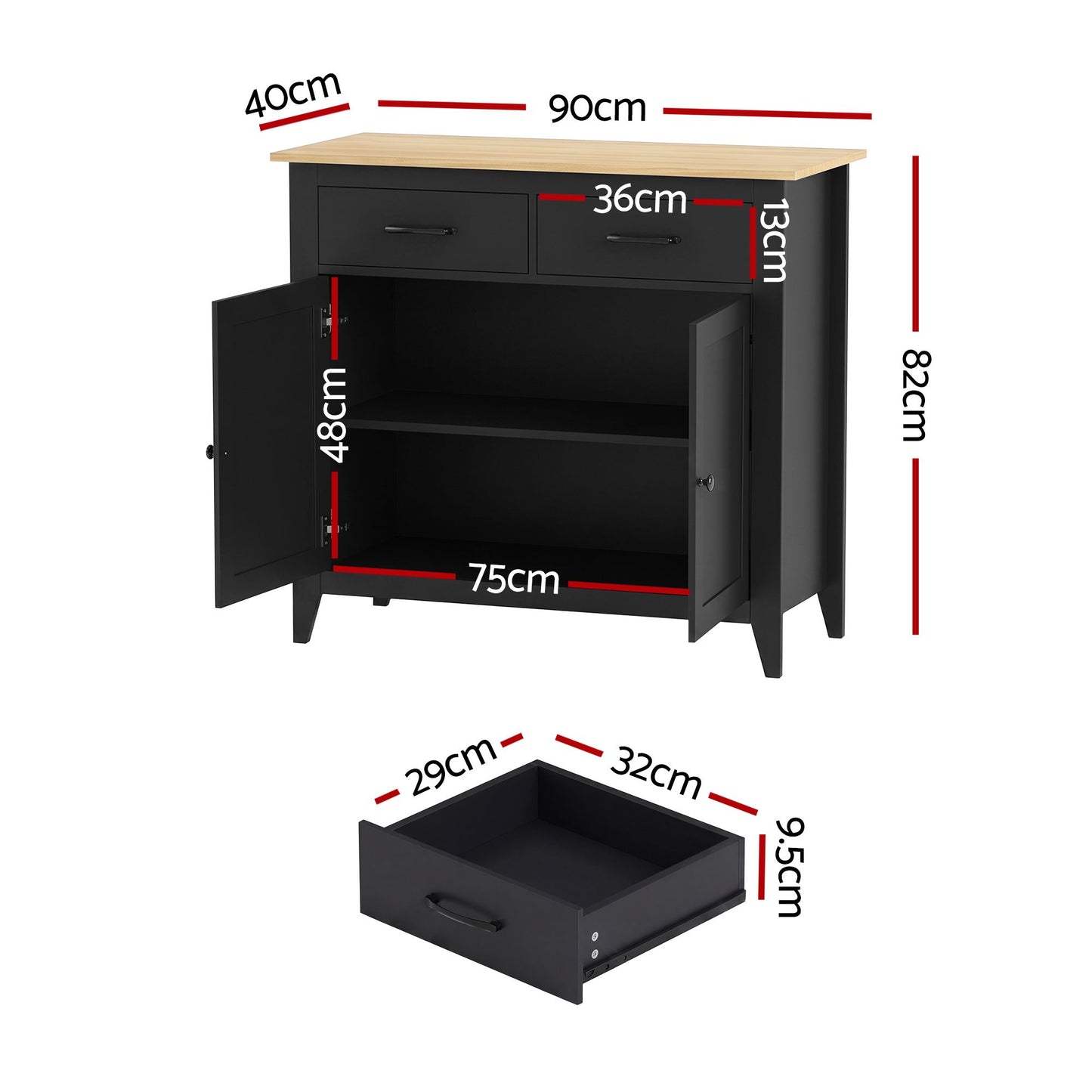 Buffet Sideboard Cabinet Kitchen Storage Cupboard Pantry 2 Drawers Black