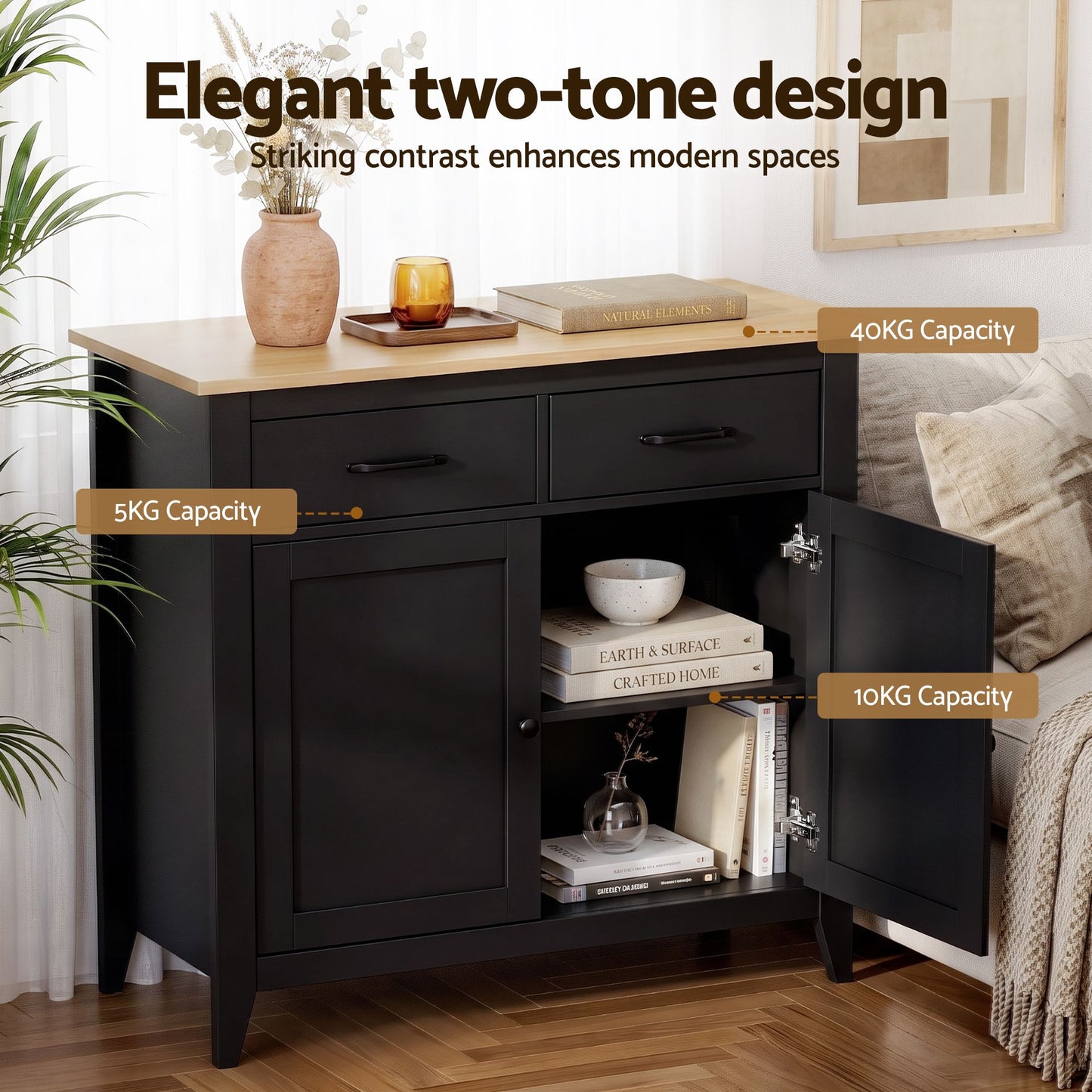 Buffet Sideboard Cabinet Kitchen Storage Cupboard Pantry 2 Drawers Black