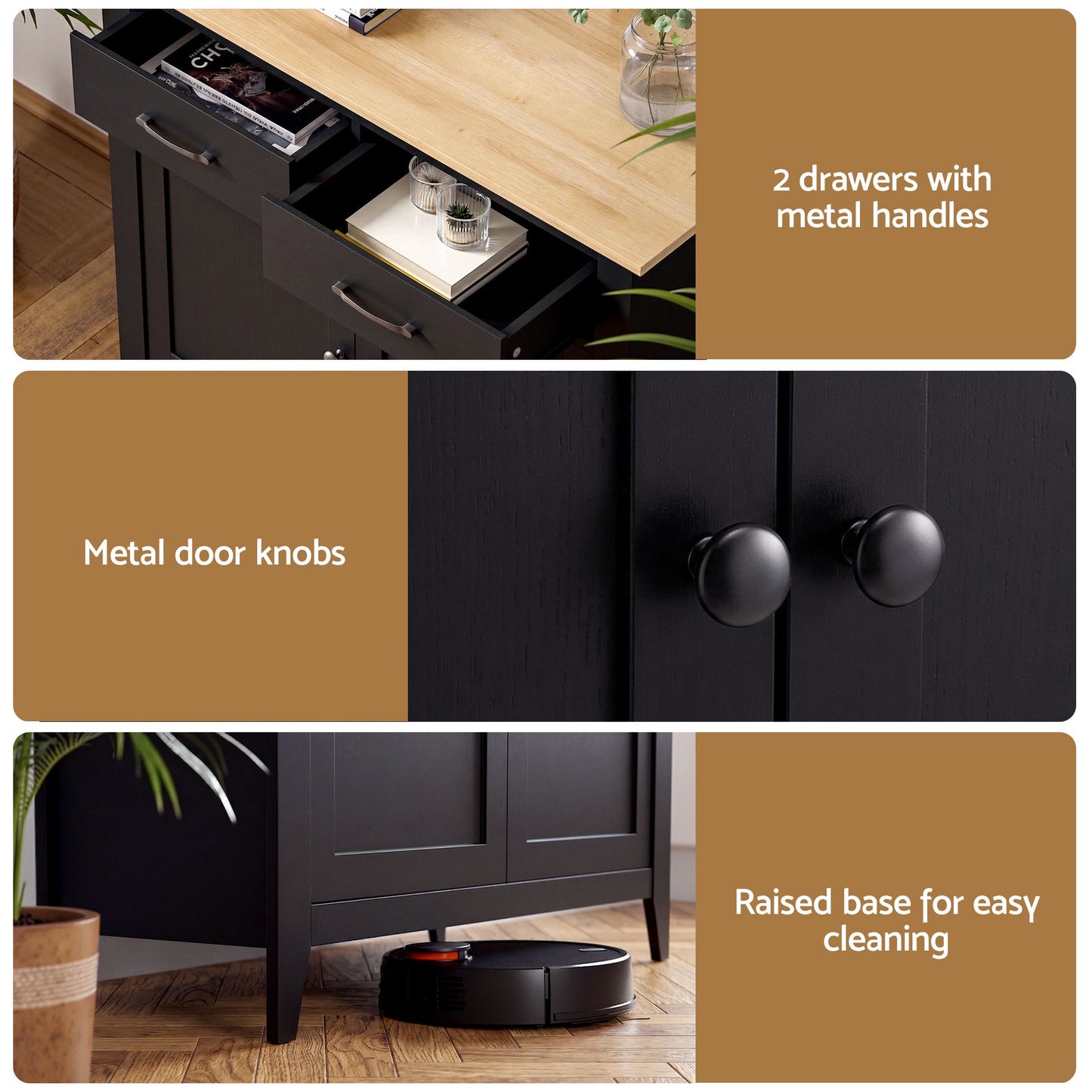 Buffet Sideboard Cabinet Kitchen Storage Cupboard Pantry 2 Drawers Black