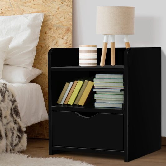 Artiss Bedside Table 1 Drawer with Shelf - FARA Black - Furniture > Bedroom > Bedside Tables