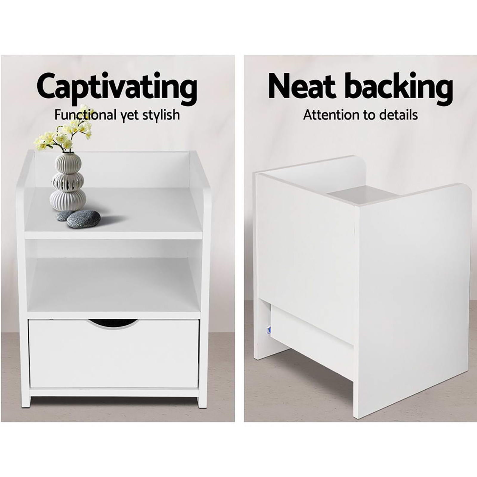 Artiss 2X Bedside Table 1 Drawer with Shelf - FARA White - Furniture > Bedroom > Bedside Tables