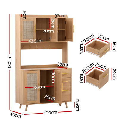 Buffet Sideboard Hutch Storage Cabinet Kitchen Cupboard Hooks Rattan Pine