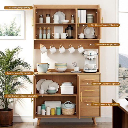 Buffet Sideboard Hutch Storage Cabinet Kitchen Cupboard Hooks Rattan Pine