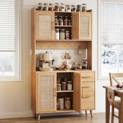 Buffet Sideboard Hutch Storage Cabinet Kitchen Cupboard Hooks Rattan Pine