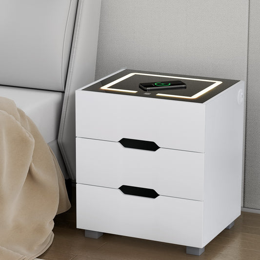 Artiss Smart Bedside Table 3 Drawers with Wireless Charging Ports LED White ADAD - Furniture > Bedroom > Bedside Tables