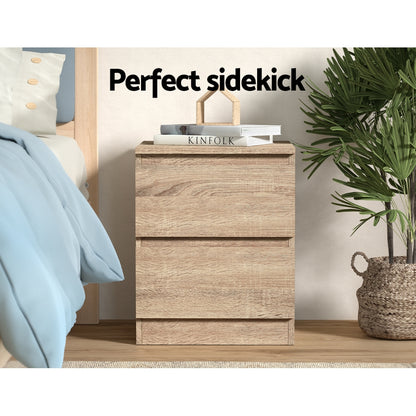 Artiss 2x Bedside Table 2 Drawers - PEPE Oak - Furniture > Bedroom > Bedside Tables