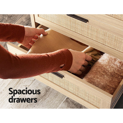 Artiss 4 Chest of Drawers Rattan Tallboy Pine - BRIONY - Furniture > Bedroom > Dressers