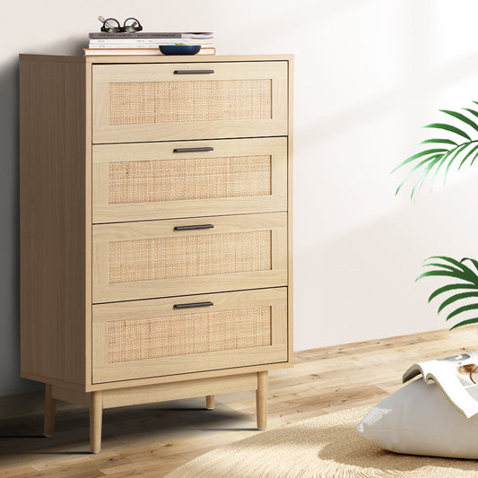 Artiss 4 Chest of Drawers Rattan Tallboy Pine - BRIONY - Furniture > Bedroom > Dressers