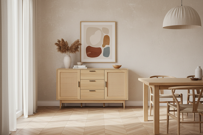Oak with natural rattan rattan buffet sideboard oak 130cm x 40cm x 80cm - home storage cabinet Australia
