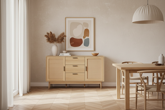 A light natural wood sideboard cabinet styled in a warm, minimalist dining room. The cabinet features three drawers on the left with dark metal handles, a central door, and a cabinet door on the right.