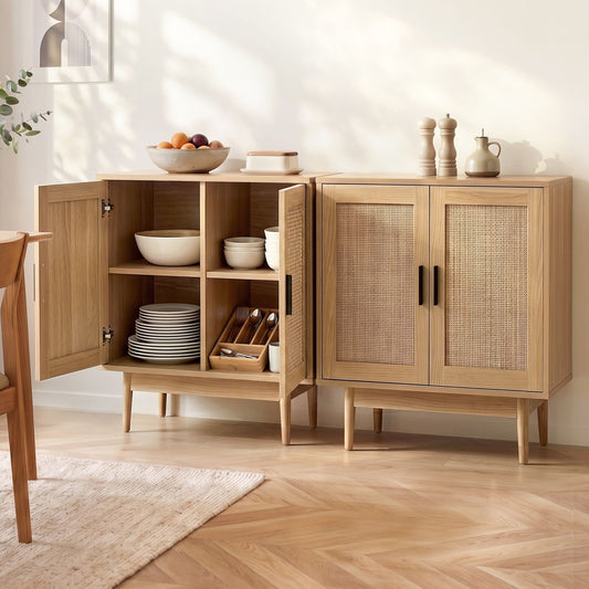 2x Buffet Sideboard Cabinet Rattan Cupboard 2 Doors Storage Pantry BRIONY