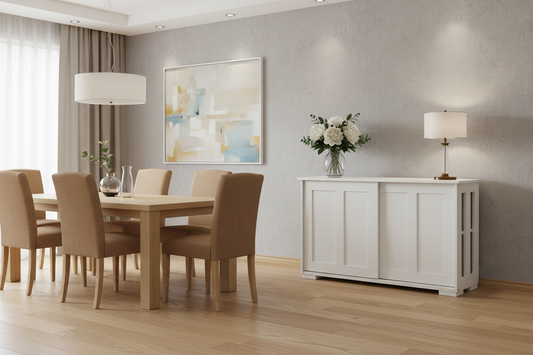 A styled dining room scene featuring a light wood dining table with six upholstered beige chairs, a white sideboard cabinet with a vase of flowers on top, a table lamp, and a framed abstract painting on a textured gray wall.