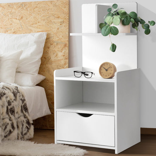 Artiss Bedside Table 1 Drawer with Shelves - EVERMORE White - Furniture > Bedroom > Bedside Tables