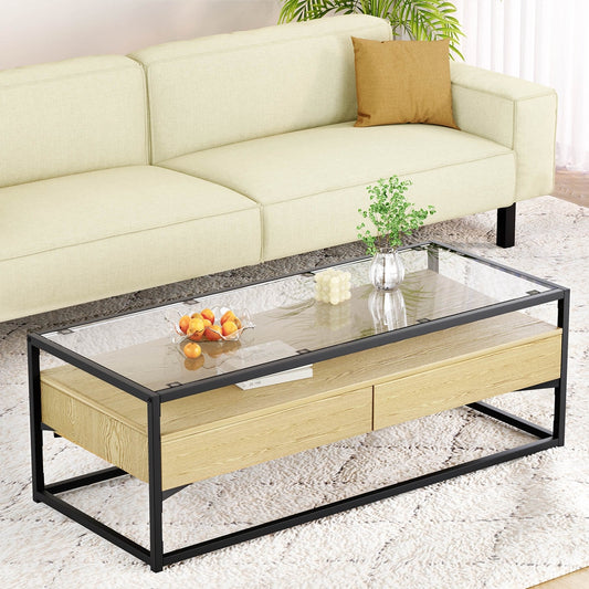 Artiss Coffee Table 2 Drawers Glass Tabletop Pine - Furniture > Living Room > Coffee Tables