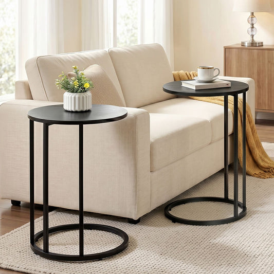 C Shaped End Table Set of 2 Coffee Table Side Table Round Black