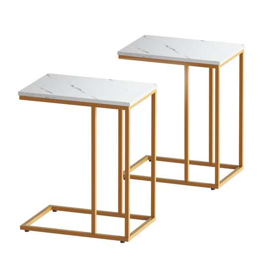 C Shaped End Table Set of 2 Coffee Table Side Table White & Gold