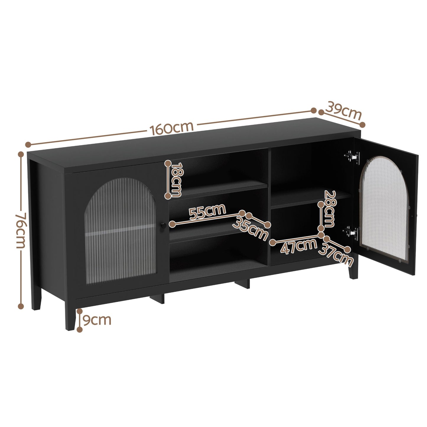 Buffet Sideboard Shelves Double Doors - Black