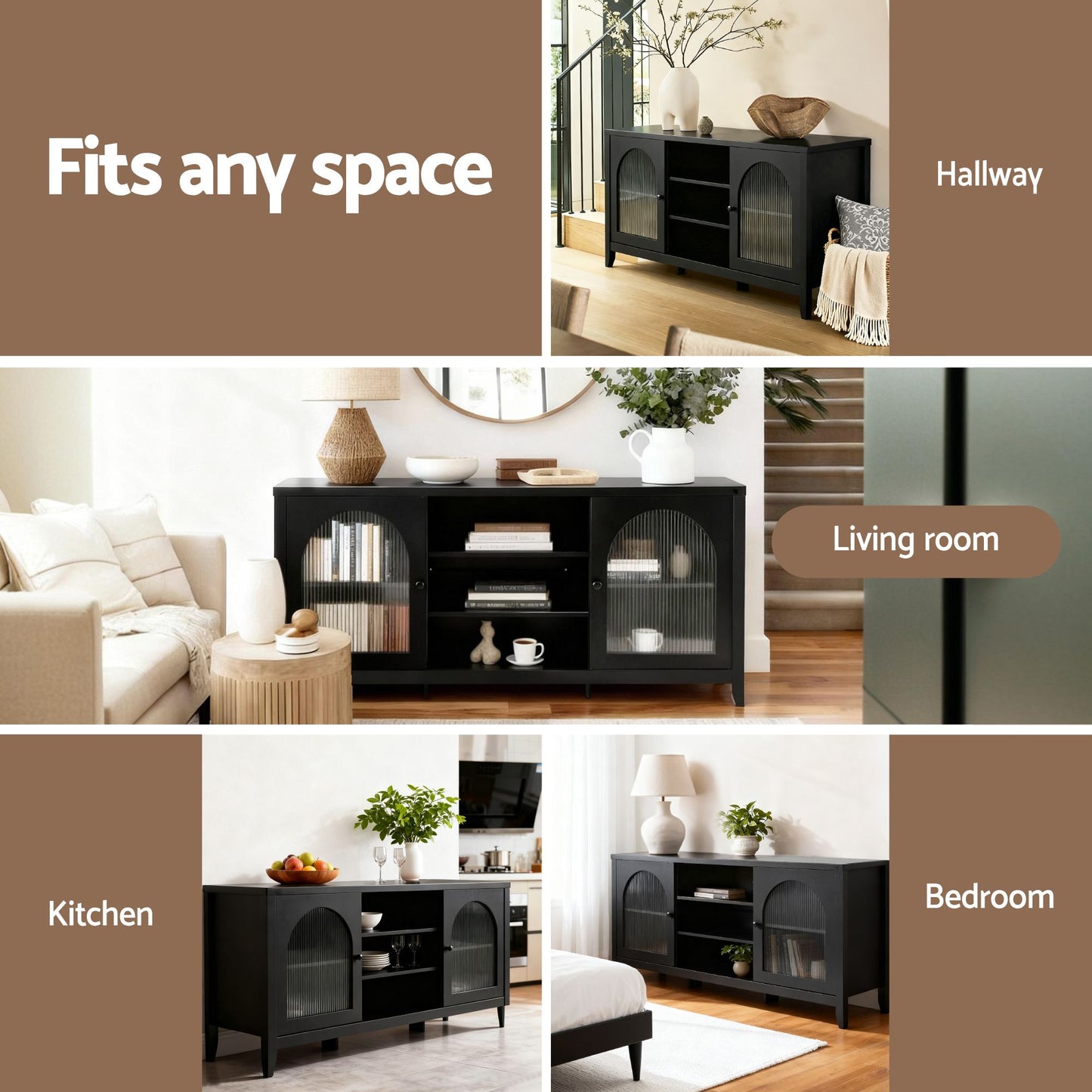 Buffet Sideboard Shelves Double Doors - Black
