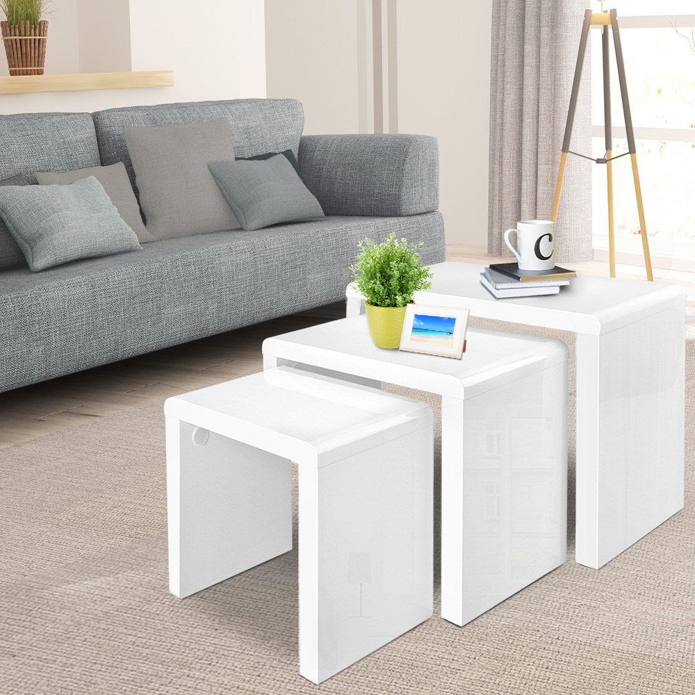 Artiss Nesting Coffee Table Set of 3 Glossy White - Furniture > Living Room > Coffee Tables