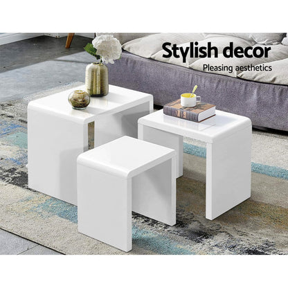 Artiss Nesting Coffee Table Set of 3 Glossy White - Furniture > Living Room > Coffee Tables