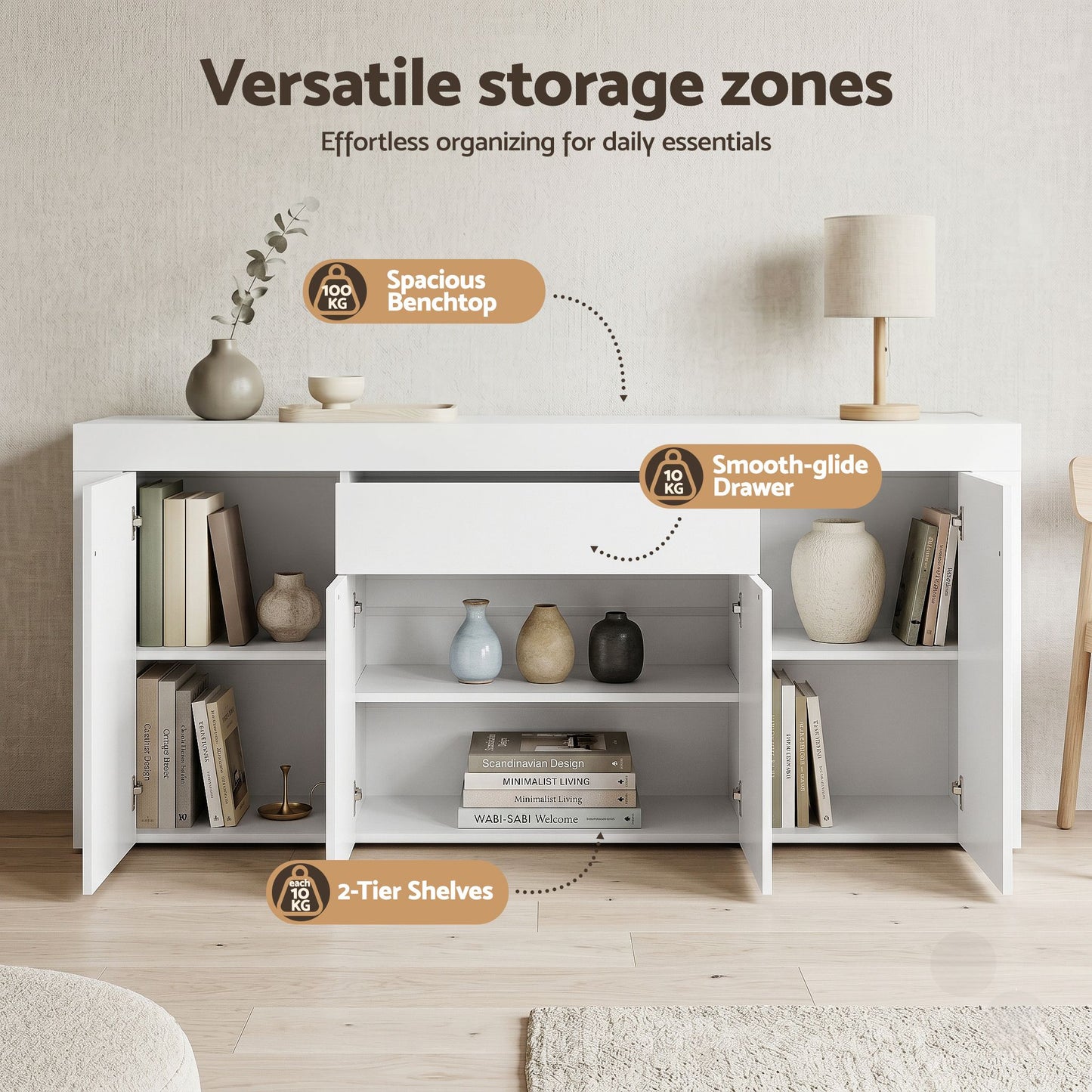 Buffet Sideboard Cabinet 180cm Cupboard Pantry Storage Drawer White DANA