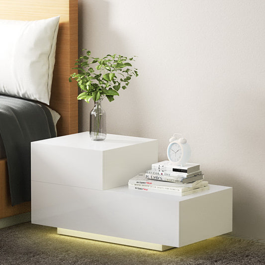Artiss Bedside Tables LED 2 Drawers - REMI White - Furniture > Bedroom > Bedside Tables