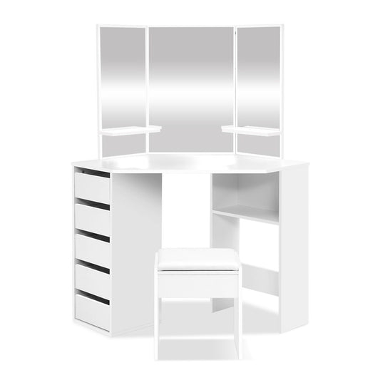 Artiss Dressing Table Stool Set Corner 5 Drawers White - Furniture > Bedroom > Dressing Vanity & Dressing Tables