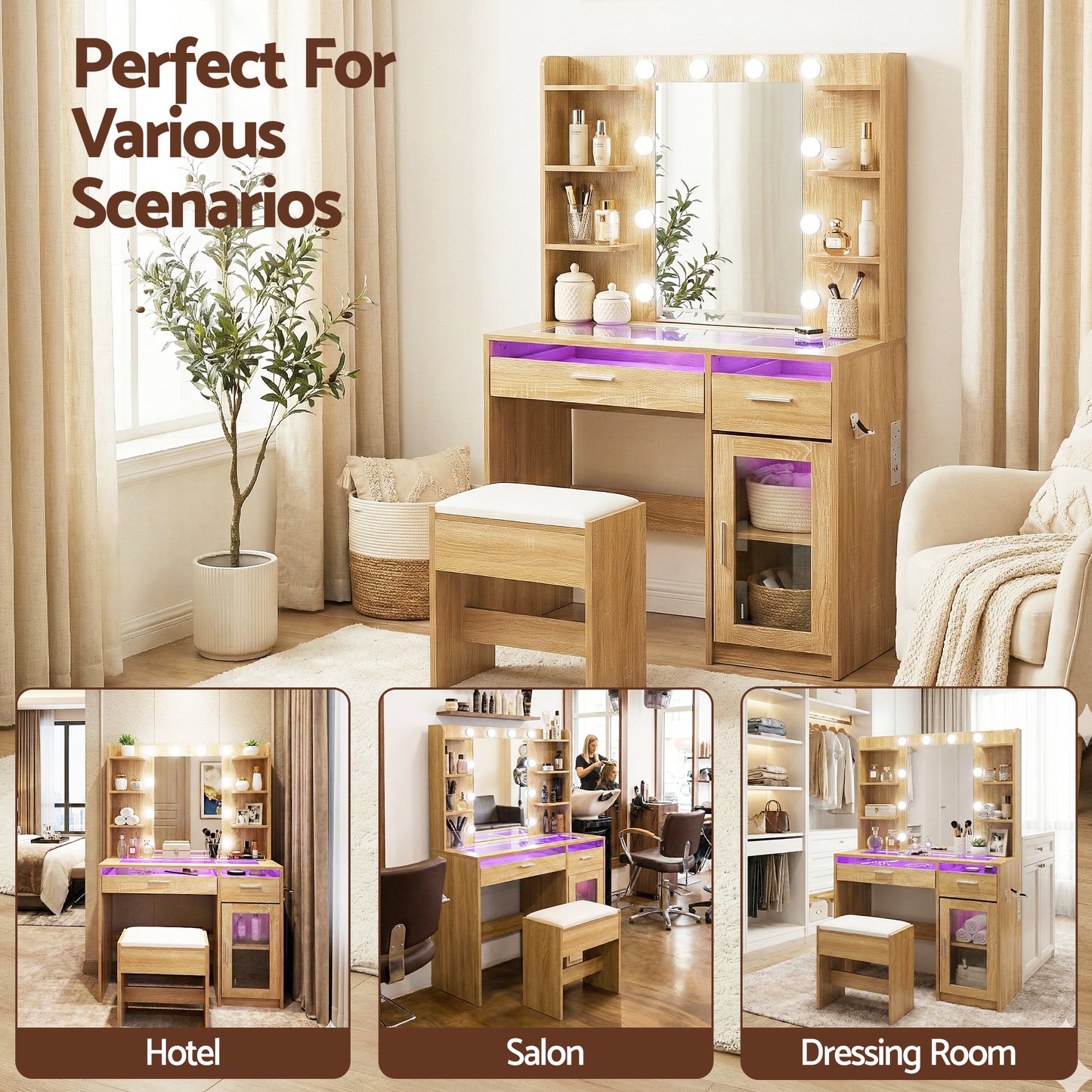 Artiss Dressing Table Vanity Desk Set 10 LED Bulbs RGB Light Wood