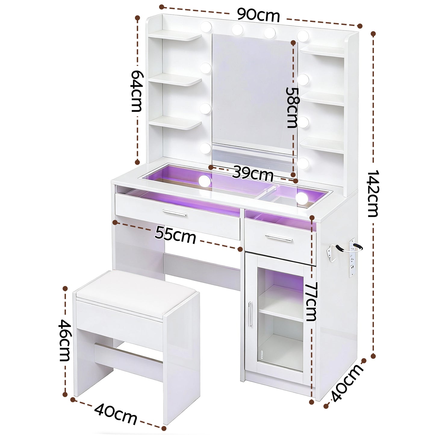 Artiss Dressing Table Vanity Desk Set 10 LED Bulbs RGB Light White