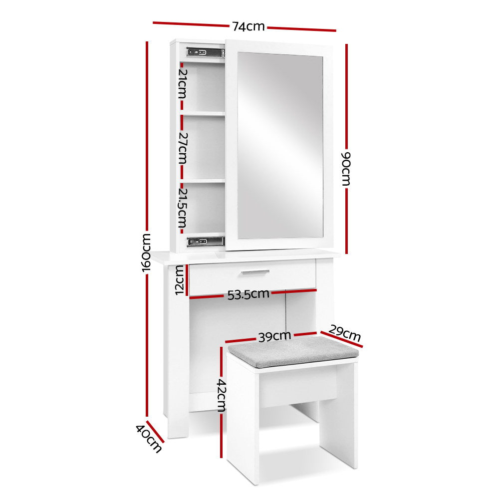 Artiss Dressing Table Stool Set Sliding Mirror White Demi - Furniture > Bedroom > Dressing Vanity & Dressing Tables