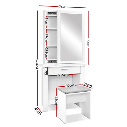 Artiss Dressing Table Stool Set Sliding Mirror White Demi - Furniture > Bedroom > Dressing Vanity & Dressing Tables