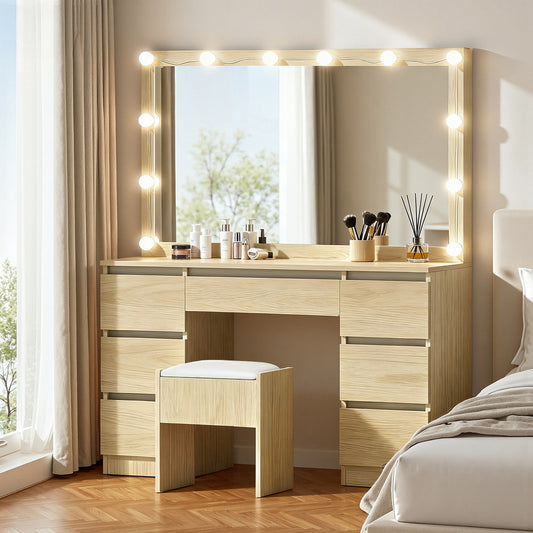 Dressing Table Vanity Desk Set Stool 12 Led Bulbs Wood