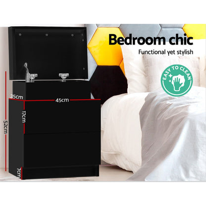 Artiss Bedside Table 2 Drawers Lift-up Storage - COLEY Black - Furniture > Bedroom > Bedside Tables