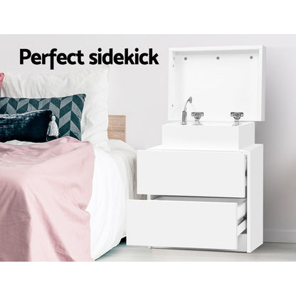 Artiss Bedside Table 2 Drawers Lift-up Storage - COLEY White - Furniture > Bedroom > Bedside Tables