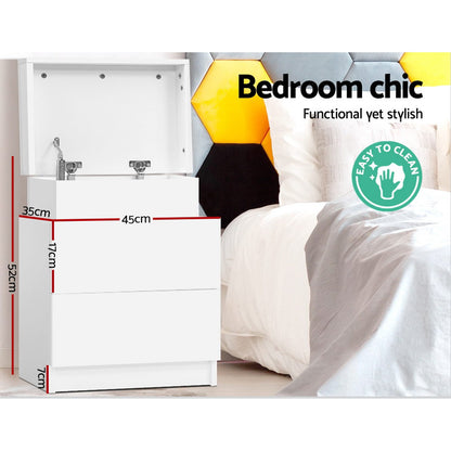 Artiss Bedside Table 2 Drawers Lift-up Storage - COLEY White - Furniture > Bedroom > Bedside Tables