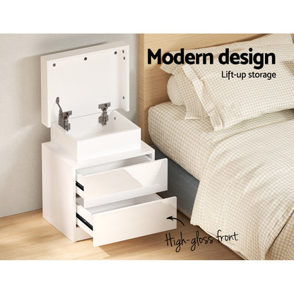 Artiss Bedside Table LED 2 Drawers Lift-up Storage - COLEY White - Furniture > Bedroom > Bedside Tables