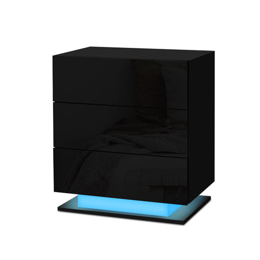 Artiss Bedside Table LED 3 Drawers - MORI Black - Furniture > Bedroom > Bedside Tables