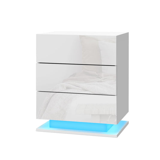 Artiss Bedside Table LED 3 Drawers - MORI White - Furniture > Bedroom > Bedside Tables
