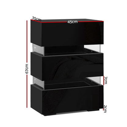 Artiss Bedside Table LED 3 Drawers - LUMI Black - Furniture > Bedroom > Bedside Tables